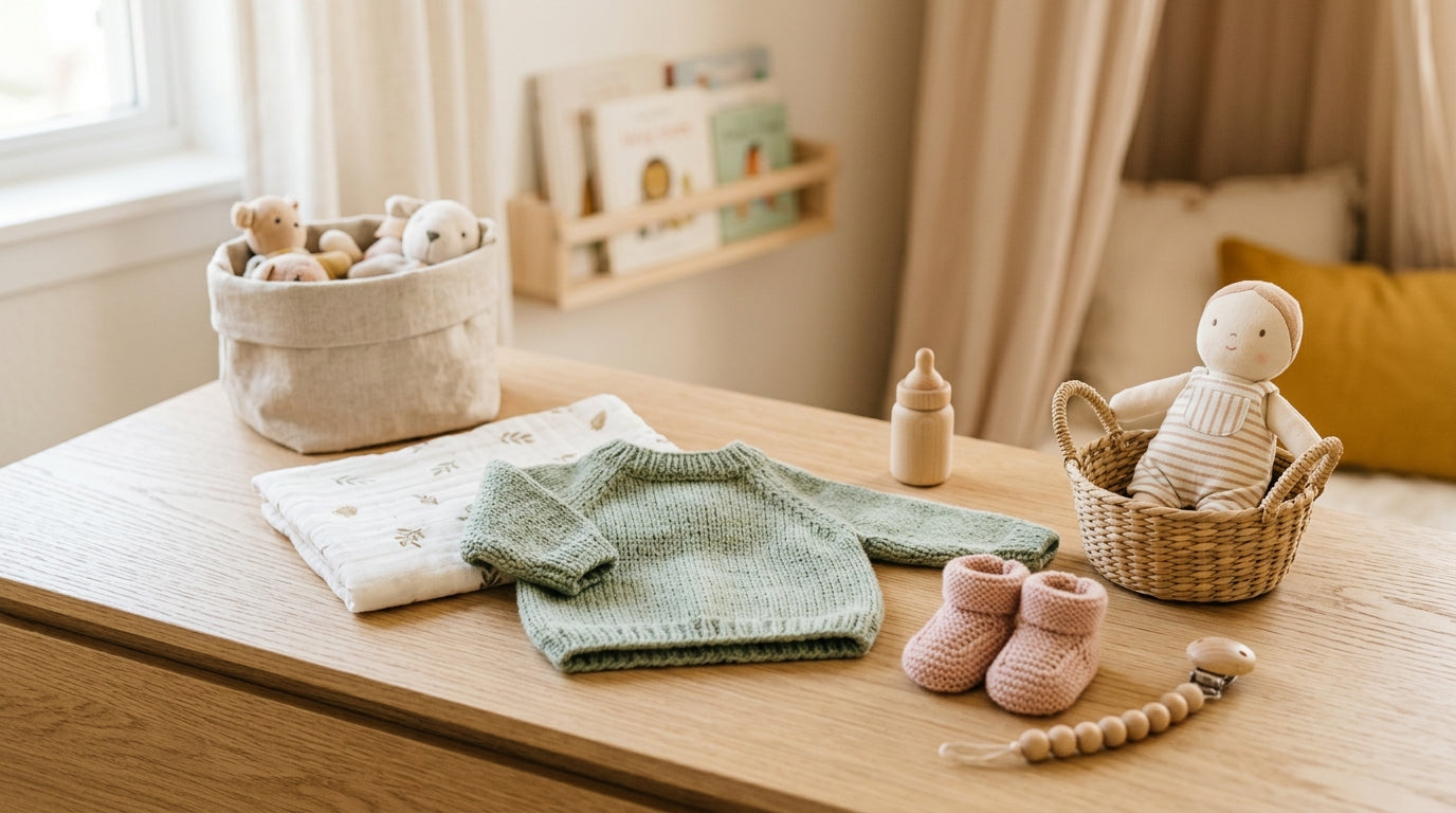 Toddler girl pushing a wooden toy stroller with a baby doll inside.