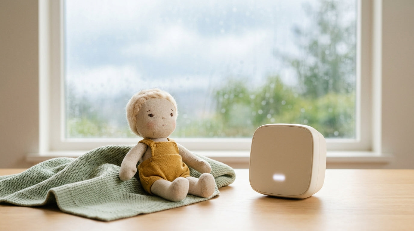 Exhausted dad staring at a smart TV screen while baby plays on a wooden mat