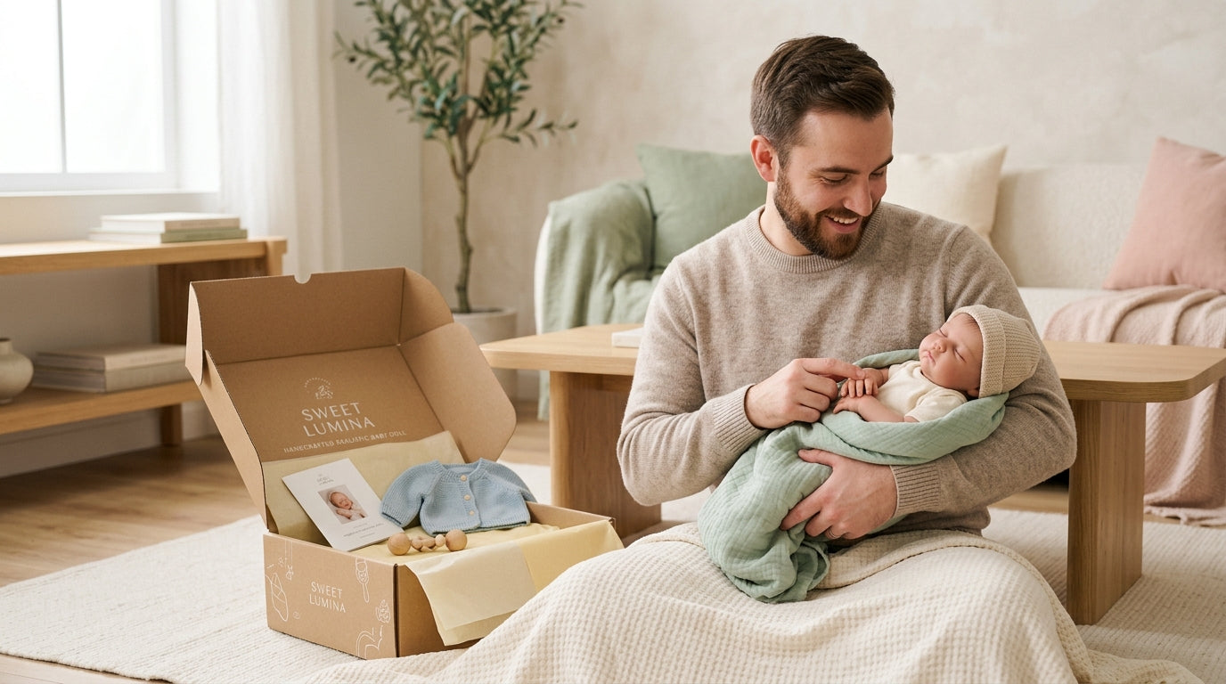 A confused dad holding a highly realistic baby doll while an 11-month-old baby looks at it on the floor