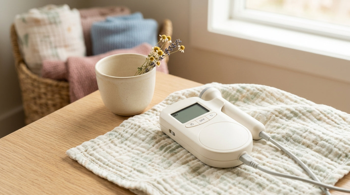 A confused dad looking at an at-home baby doppler device next to a laptop.
