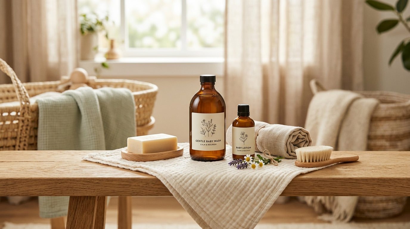 Tired mother holding coffee and looking at baby skincare products