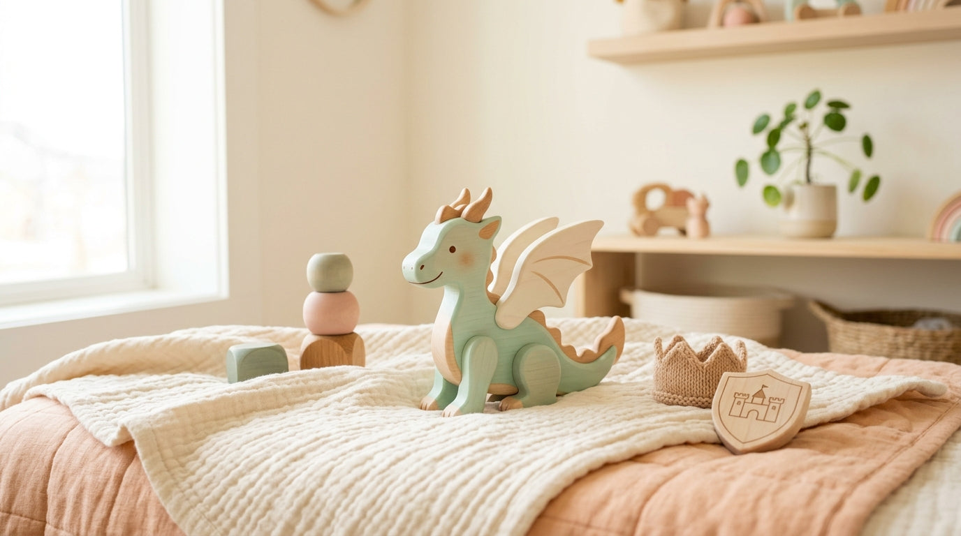 Toddler in a dragon costume surrounded by wooden blocks and plush toys in a messy living room