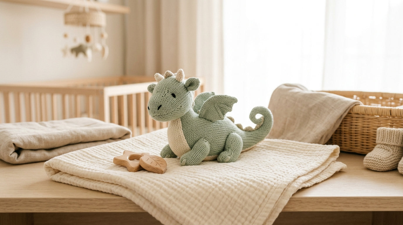 Mom looking stressed while holding an iPad showing a cartoon baby dragon.