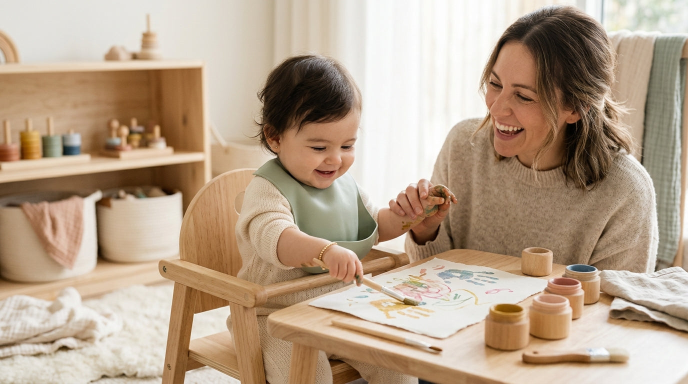 An 11-month-old baby holding a chunky crayon with a fist grip on a messy paper