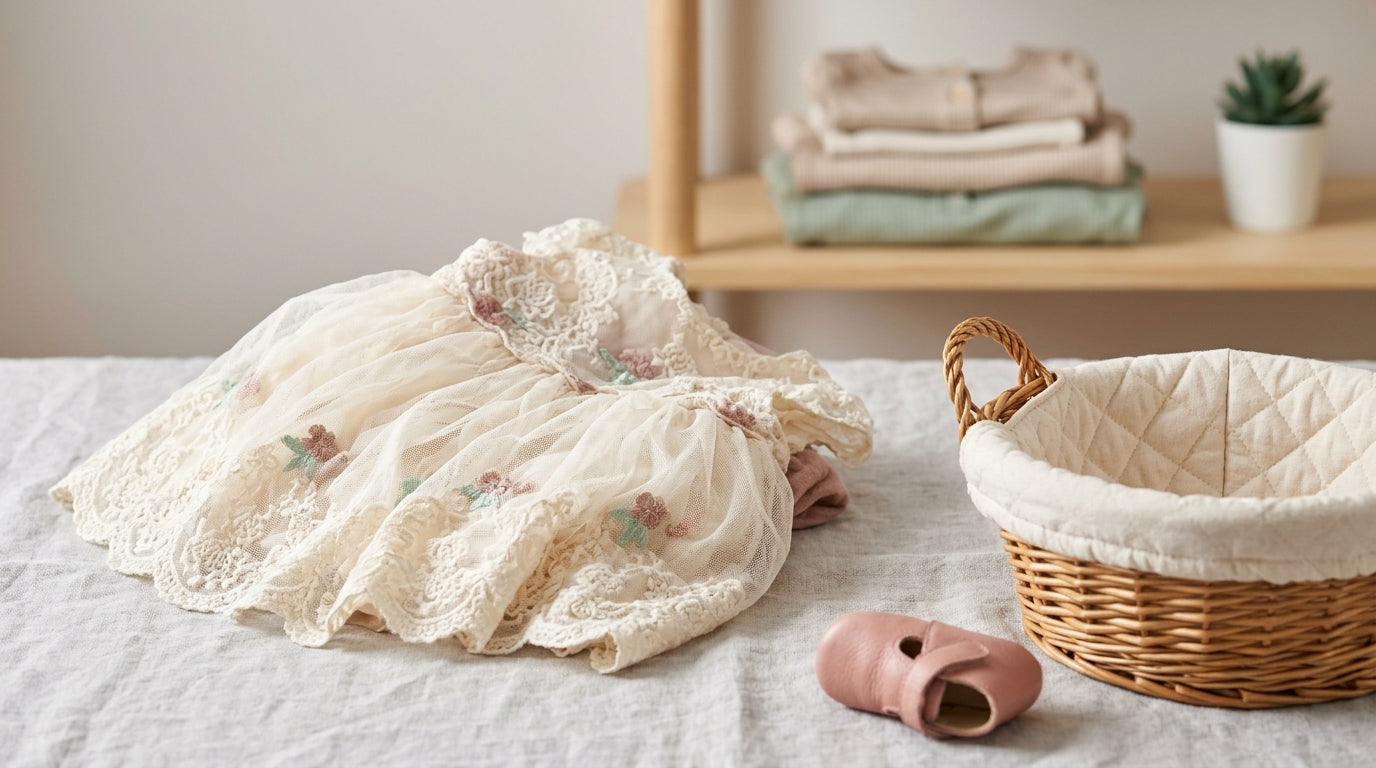 Unhappy infant wearing a stiff tulle baby dress next to comfortable organic cotton onesies