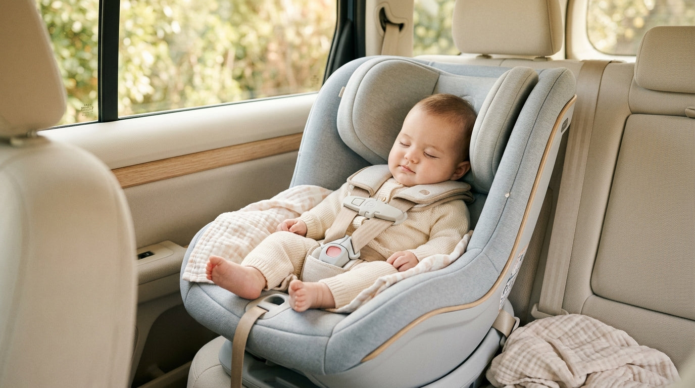 A dad nervously checking the rearview mirror at a baby in a rear-facing car seat.
