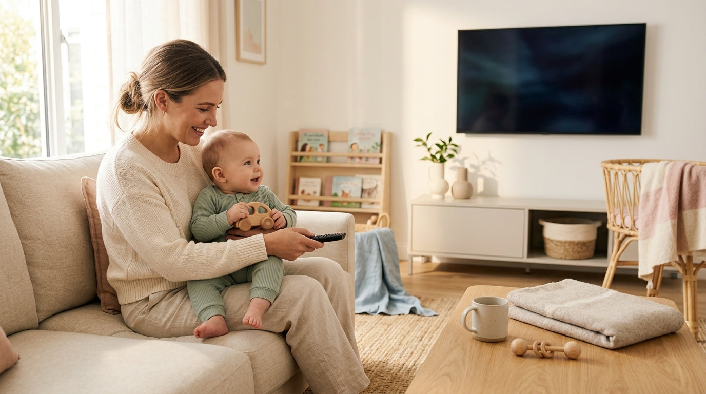 A messy living room with scattered baby toys and a television glowing in the dark.