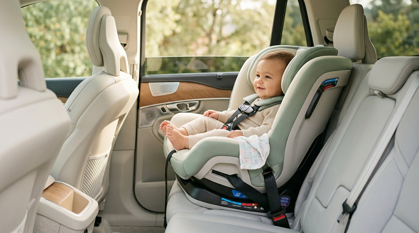 A frustrated mom looking at a car seat mirror while driving with her crying baby.