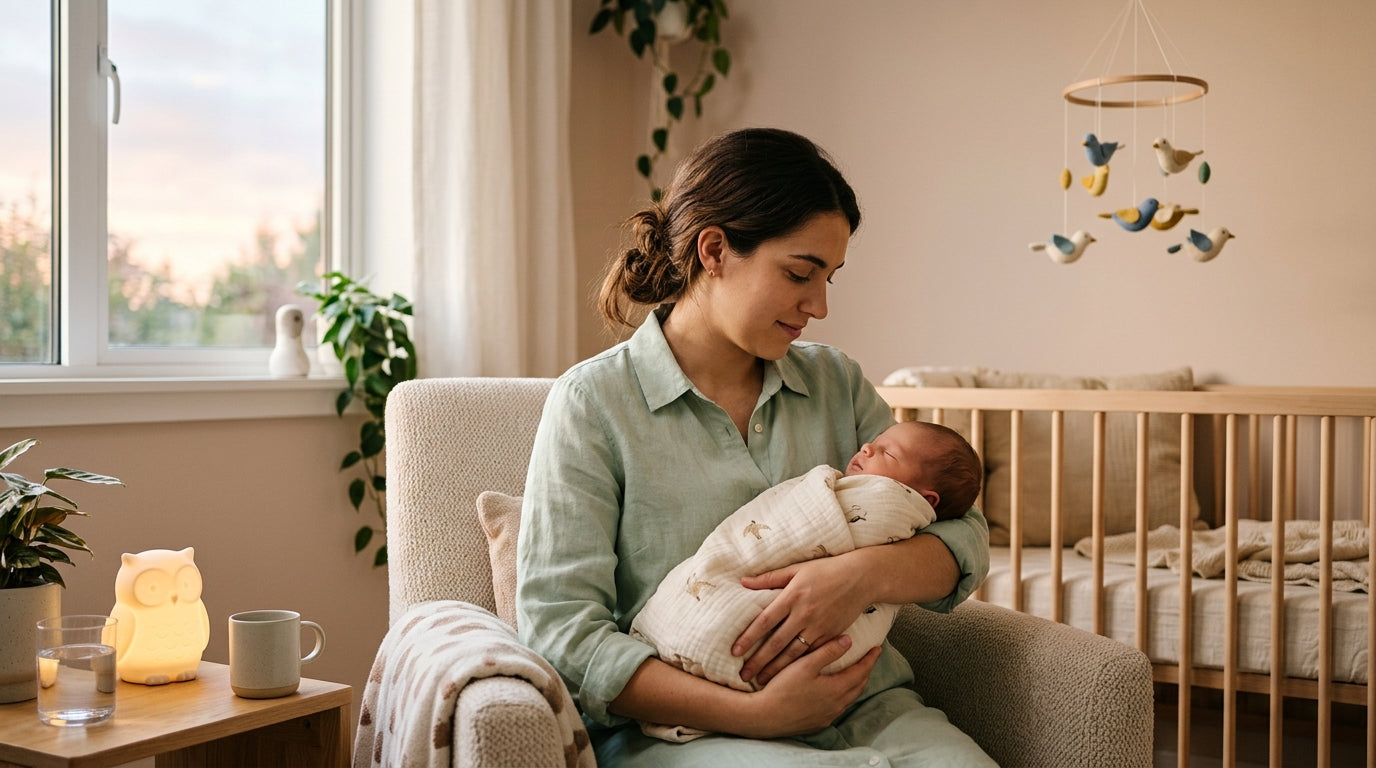 Tired mother drinking coffee while a baby plays on a wooden playmat