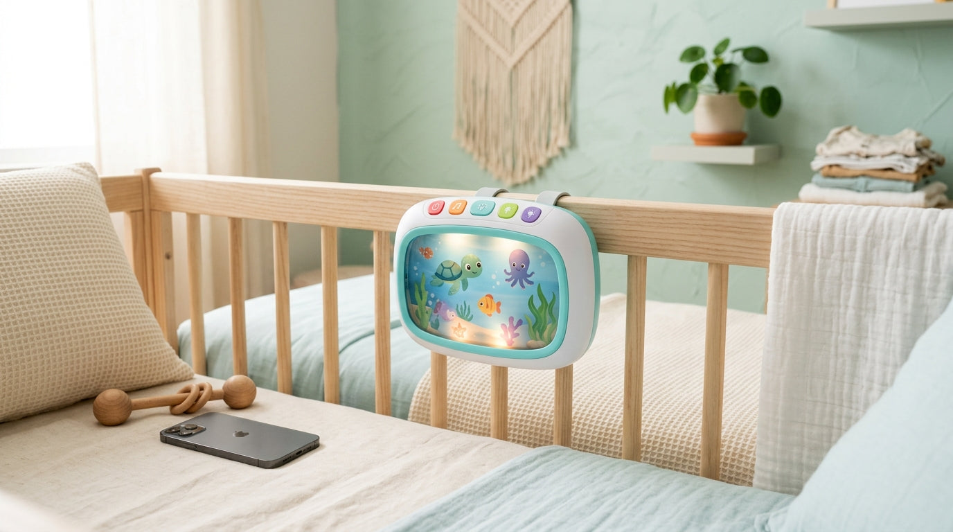 A glowing baby einstein sea dreams soother sitting safely on a nursery dresser in the dark