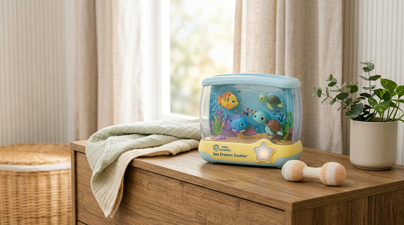 A glowing baby einstein sea dreams soother attached to a wooden crib