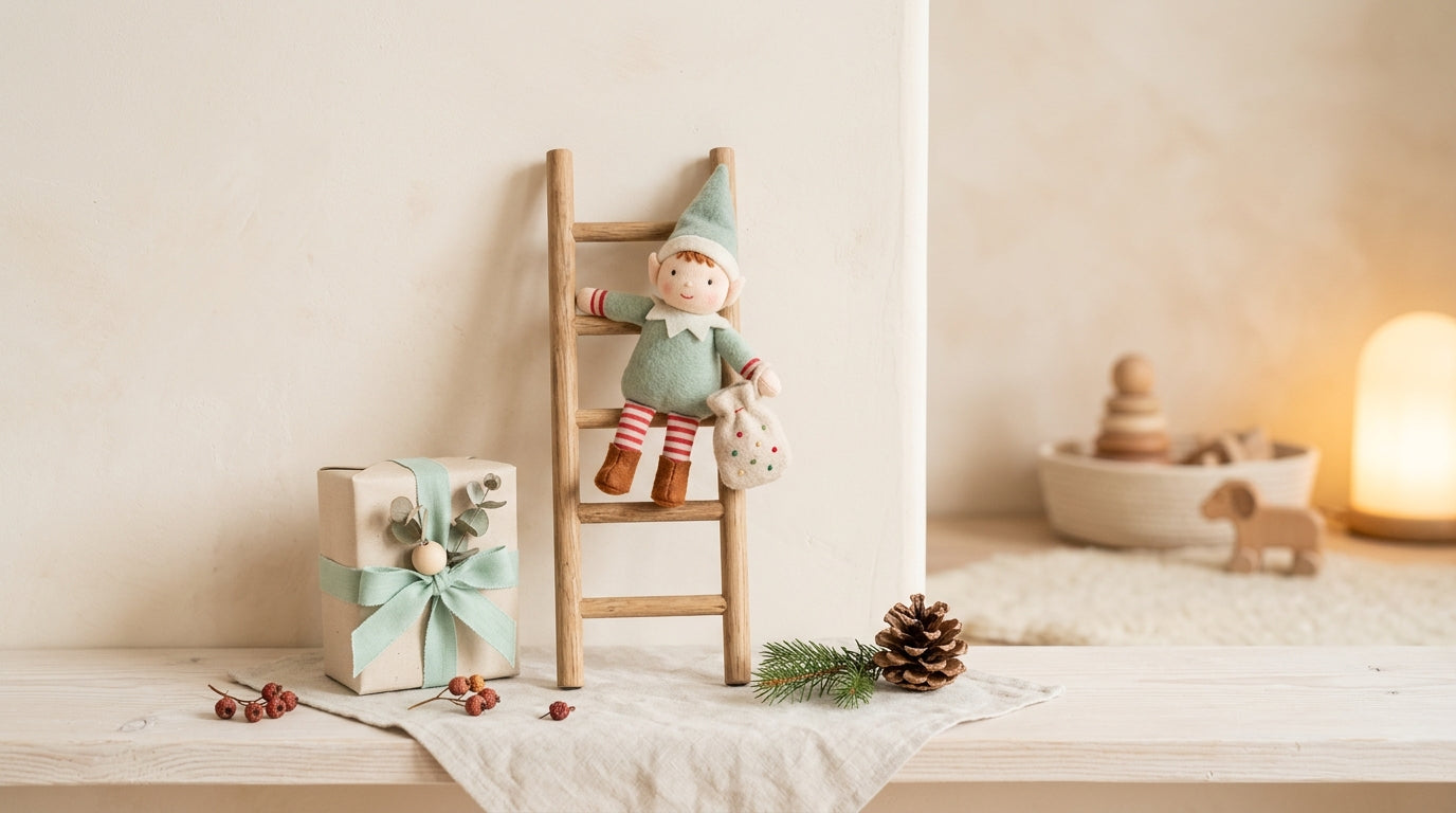 A tiny plush elf doll sitting next to an 11-month-old infant who looks completely bewildered.