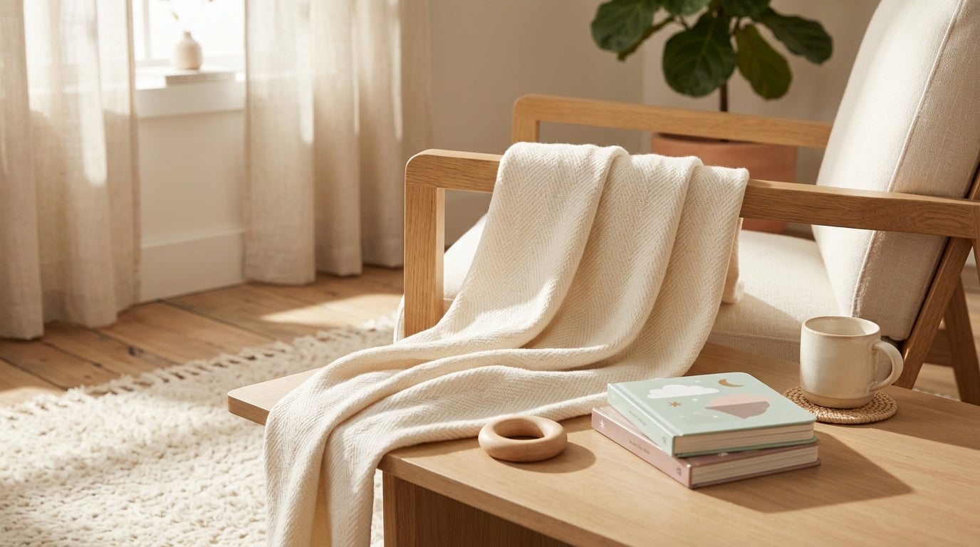 Sarah sitting on the kitchen floor in a hoodie reading baby safety updates on her phone