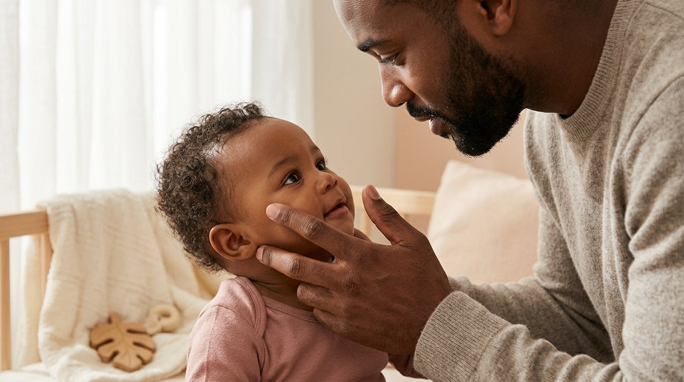 A close up of a curious infant looking up at the camera
