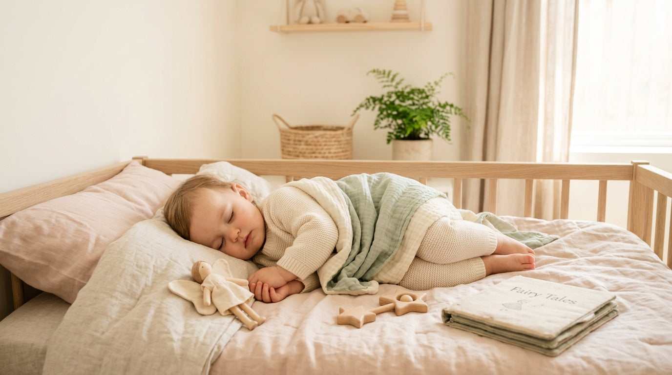 Frustrated mom taking a tablet away from a toddler sitting on a playmat