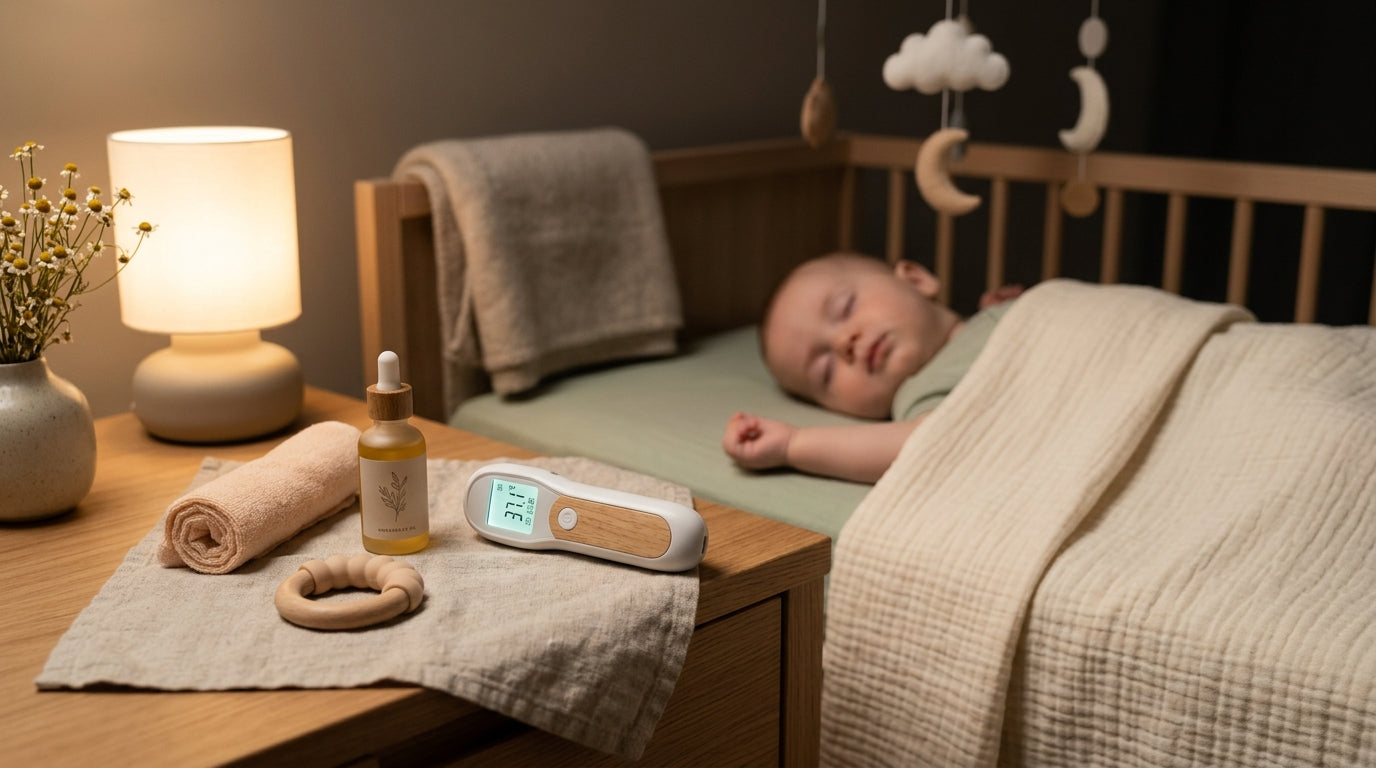 Mom holding a slightly feverish baby and checking temperature with a digital thermometer