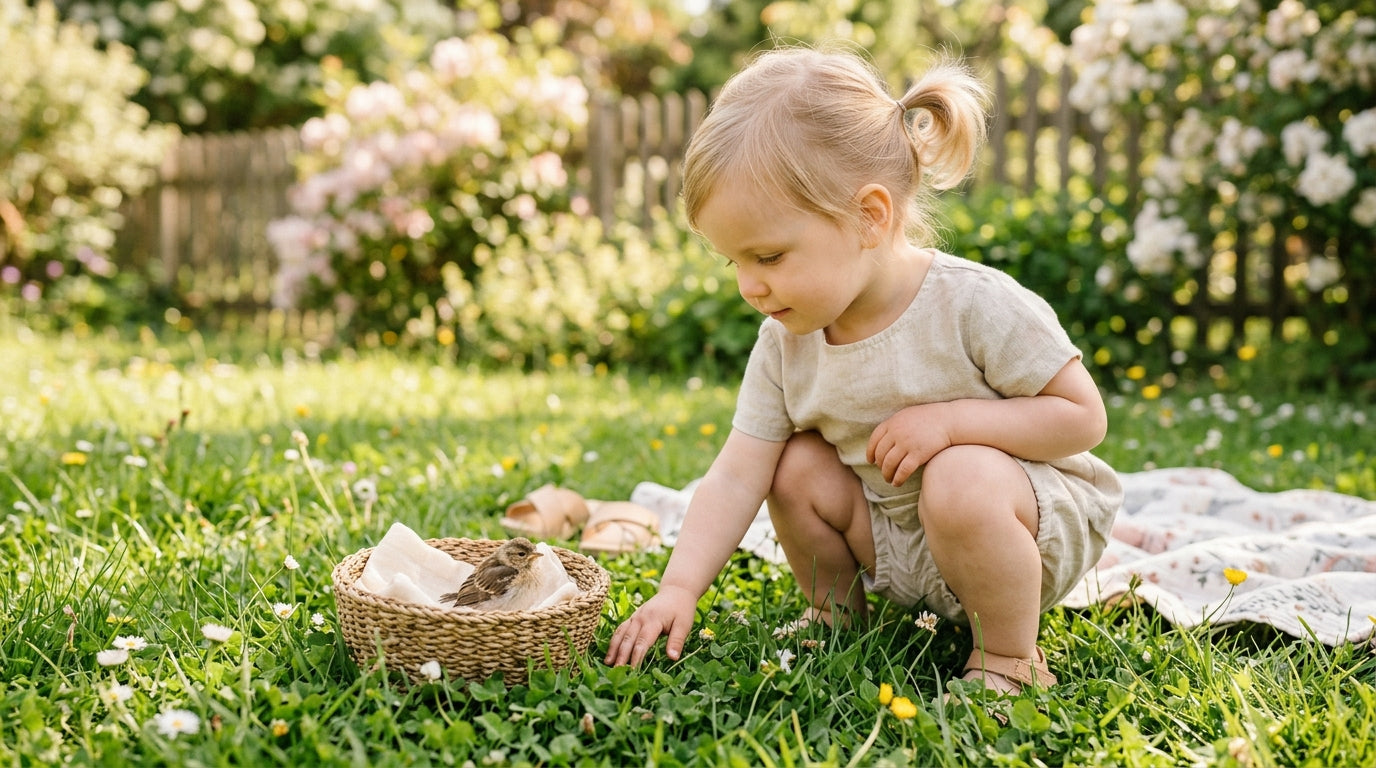 A dad looking confused at his phone while a baby sits in the grass near a tiny bird.