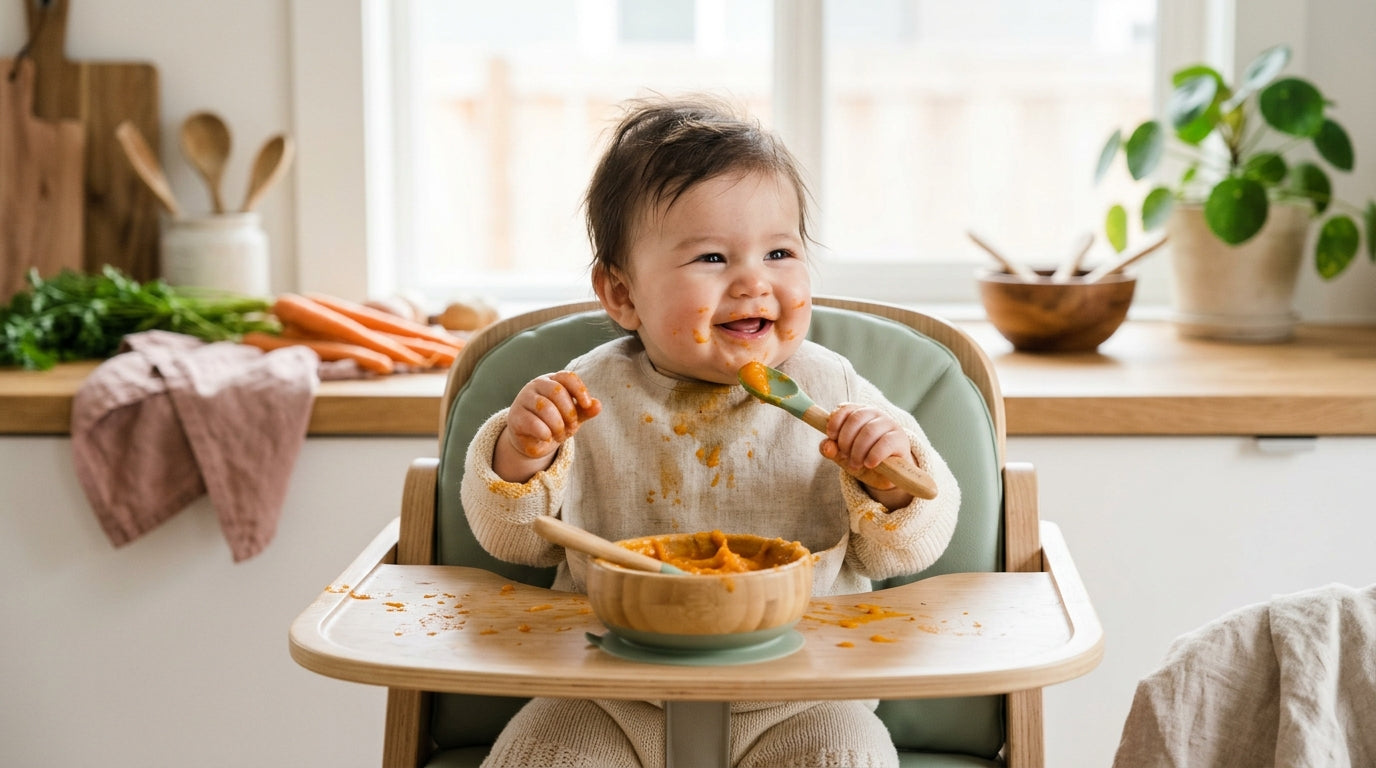 London dad feeding twins their baby first food while covered in pureed carrots
