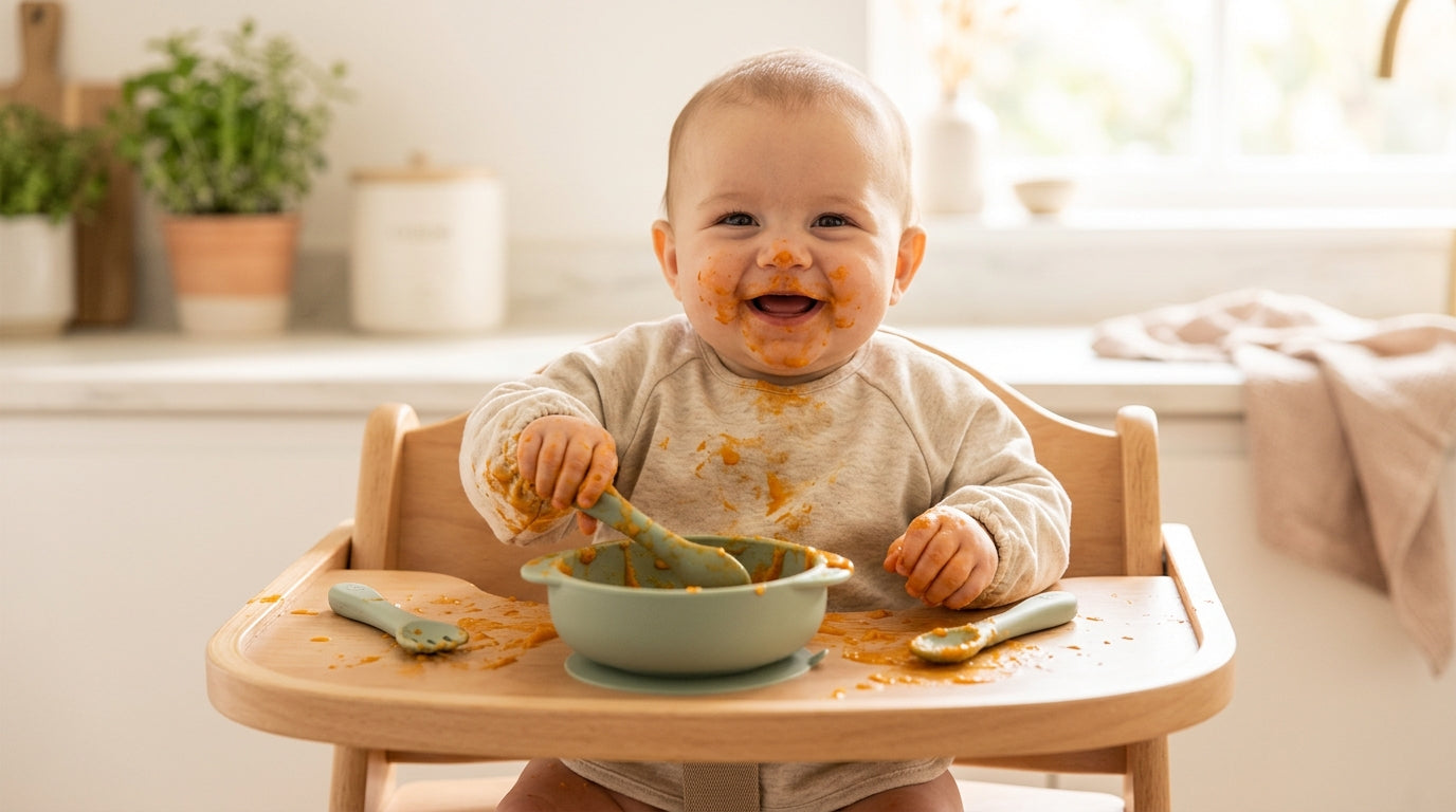Baby covered in sweet potato puree sitting in a high chair looking confused