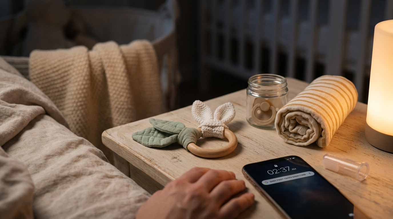 A tired mother holding a teething baby in a dark room