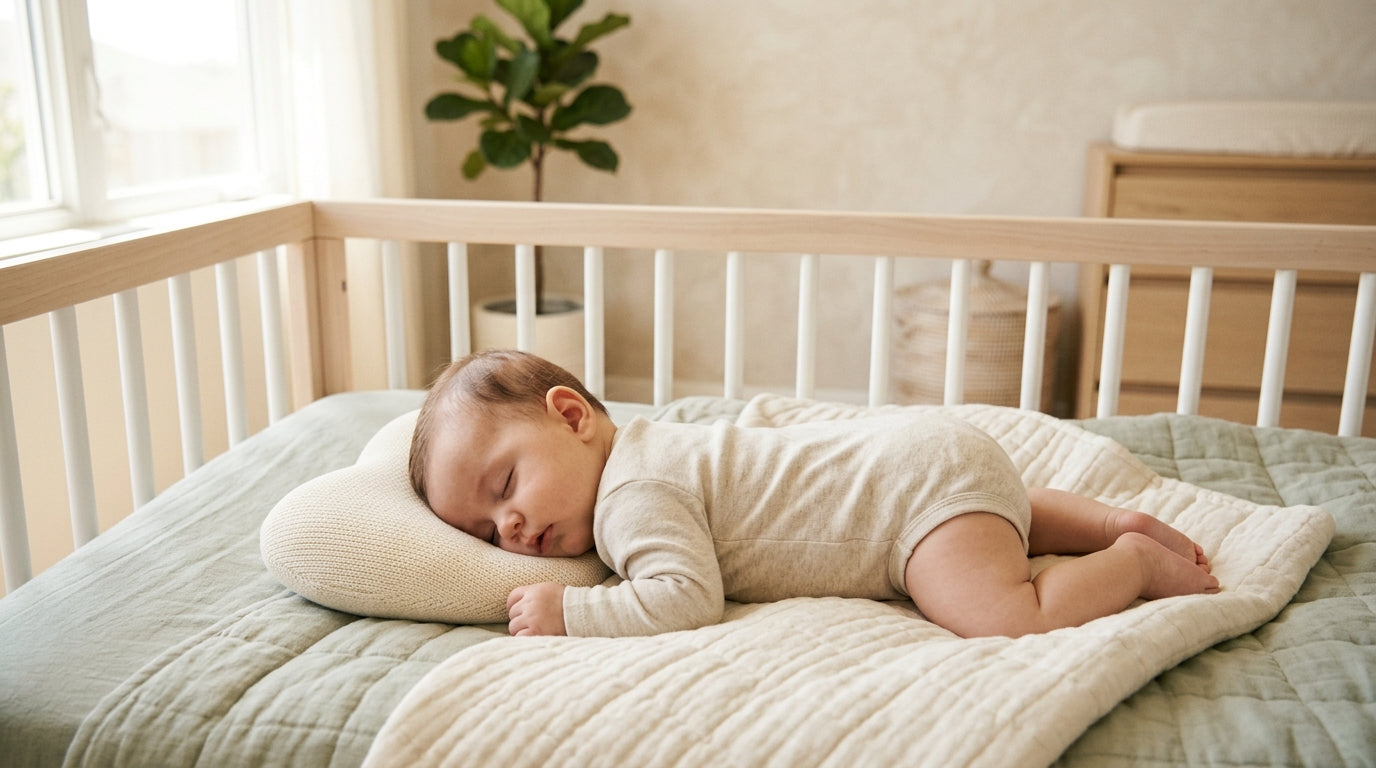 A close-up of a baby lying on a playmat looking sideways away from the camera.