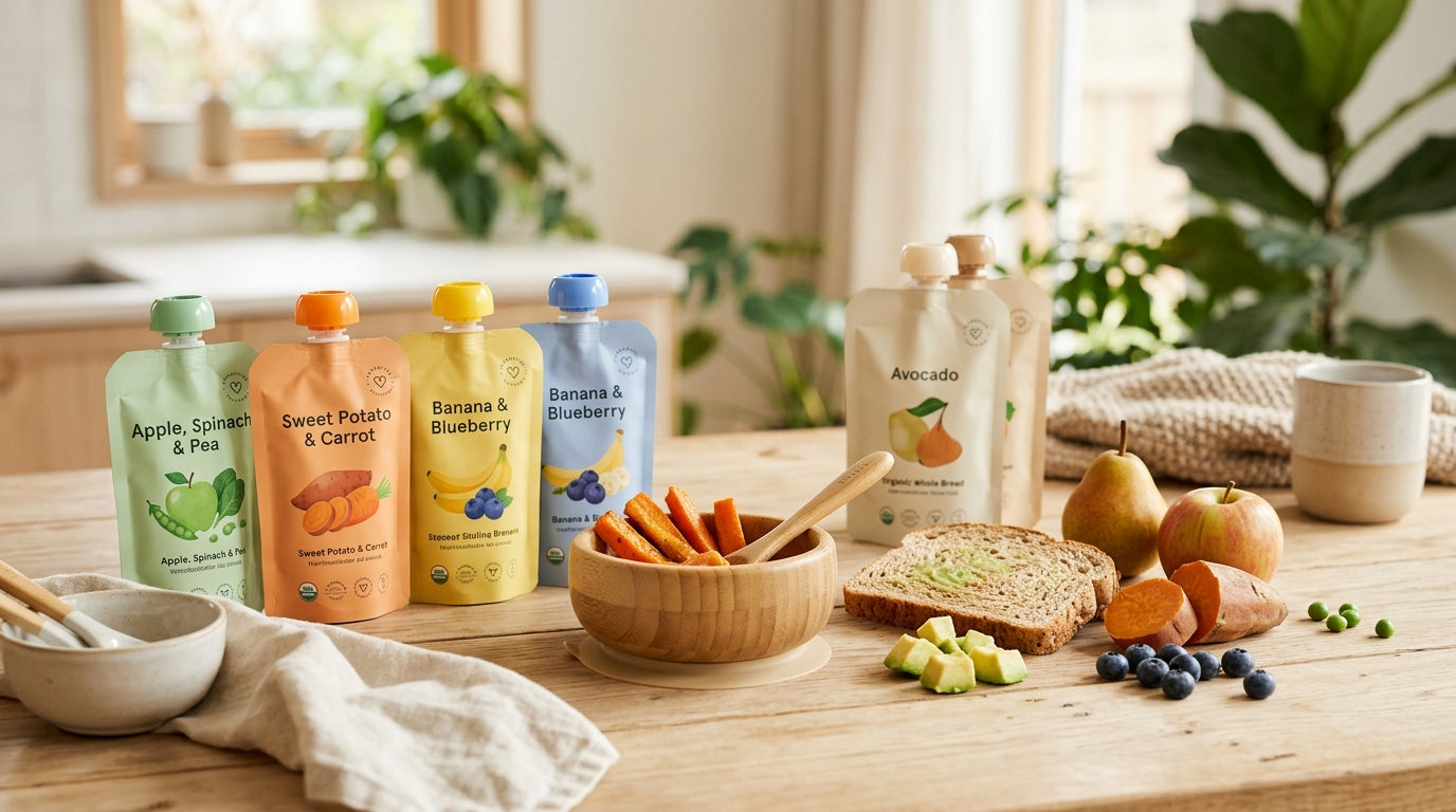 A tired dad looking confused at a grocery store aisle full of baby food pouches