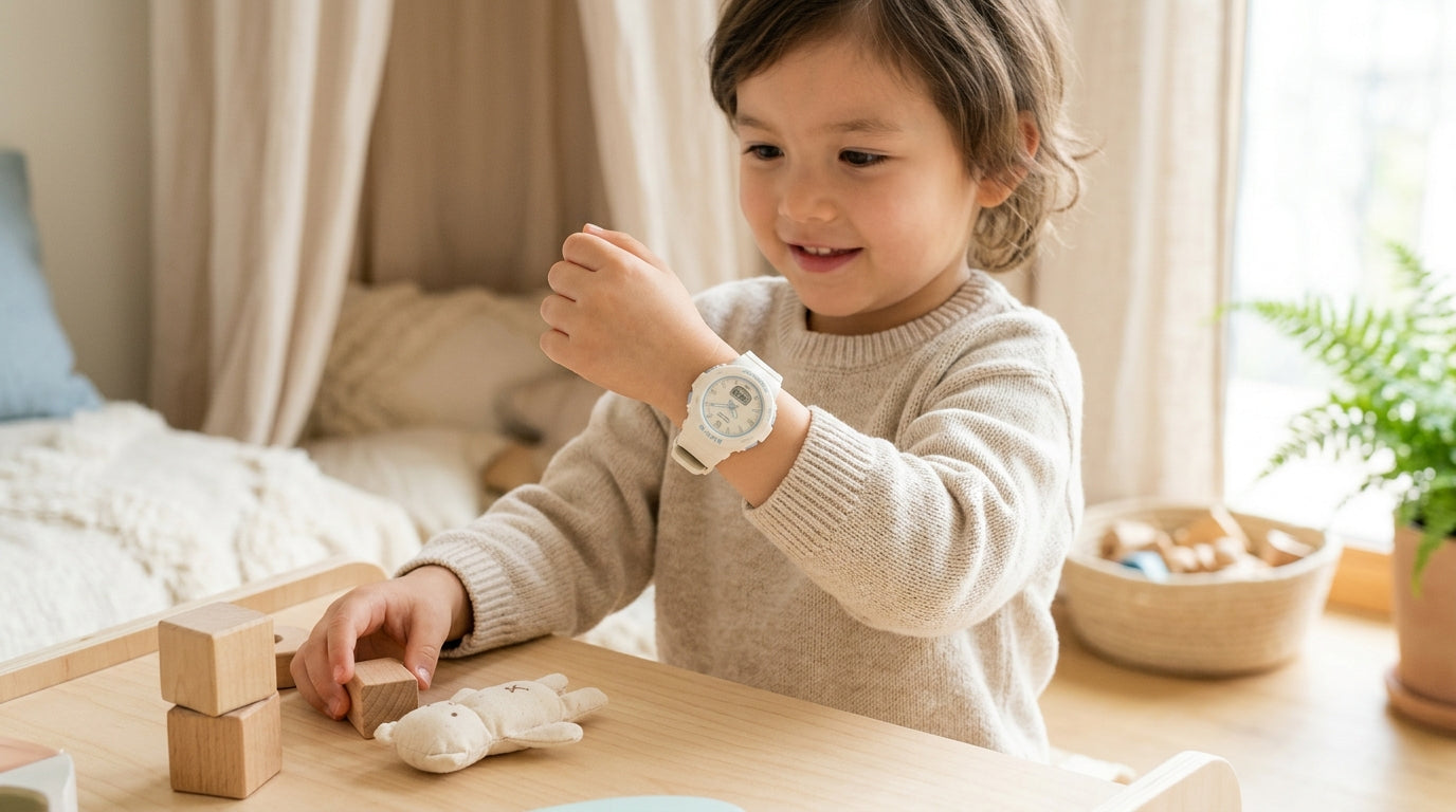 A pink Casio Baby-G watch slipping off a seven year old's tiny wrist