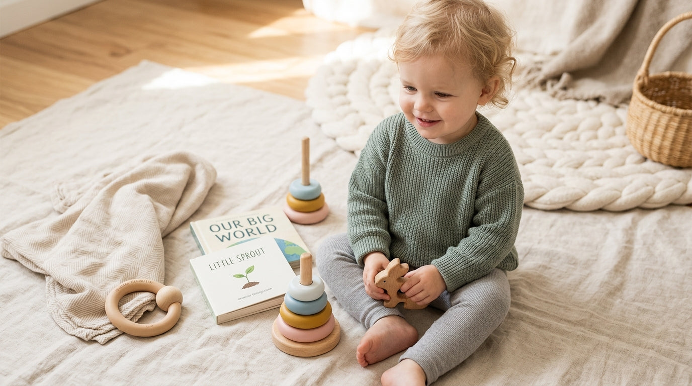 Baby in oversized baby gap outlet clothes chewing on a silicone squirrel teether.
