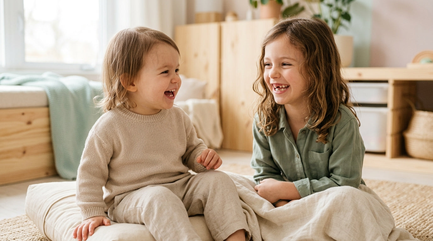 Close up of a smiling toddler with a gap between front teeth