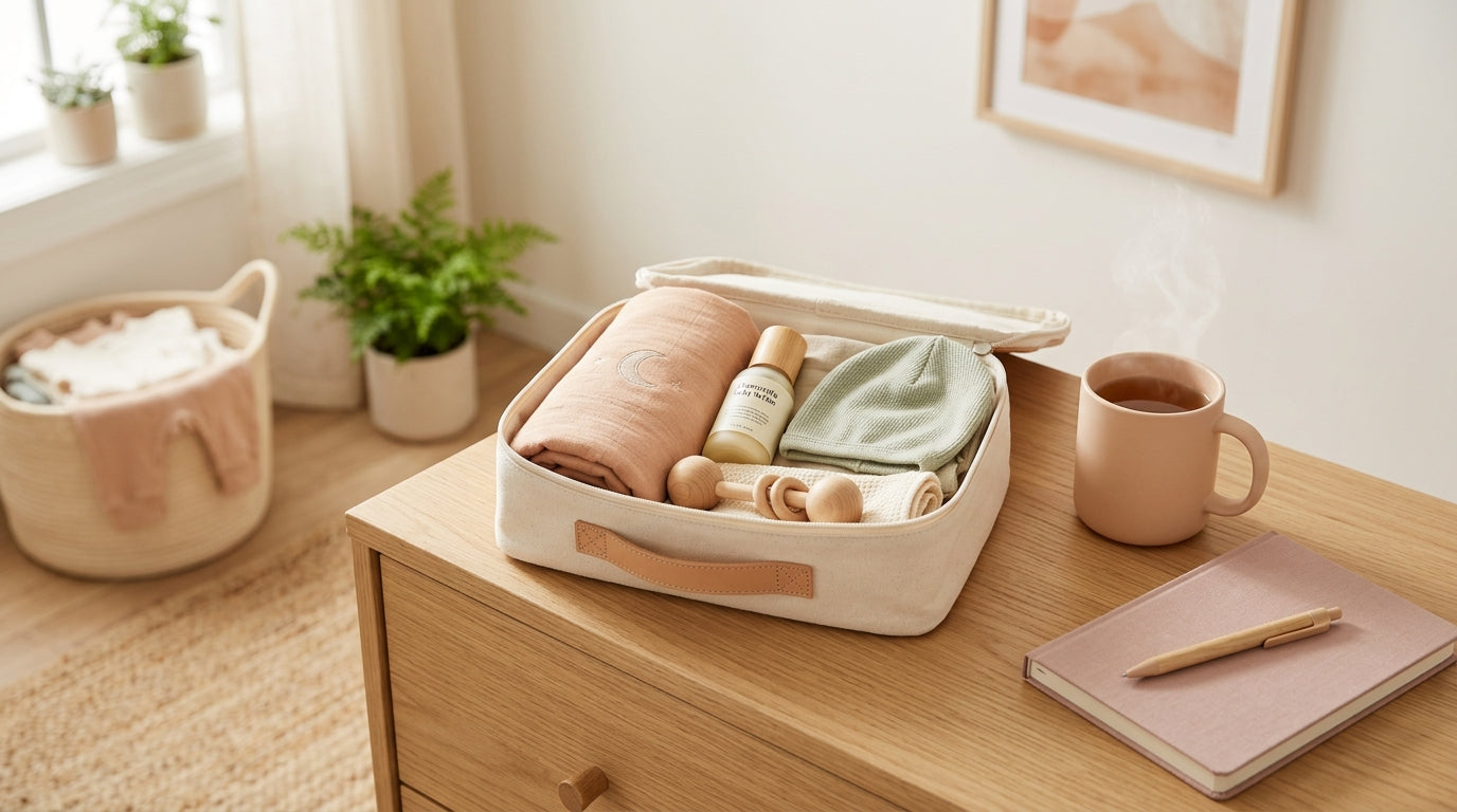 A messy coffee cup on a table next to a baby monitor and scattered baby toys.