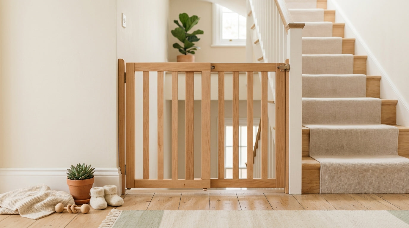 Wooden hardware mounted stair gate installed in a messy family home hallway