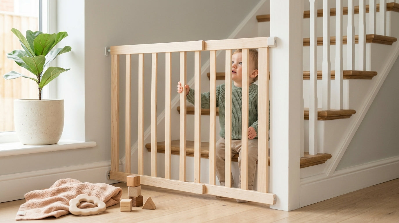 Metal safety barrier hardware mounted at the top of a wooden staircase swinging outward toward the hallway