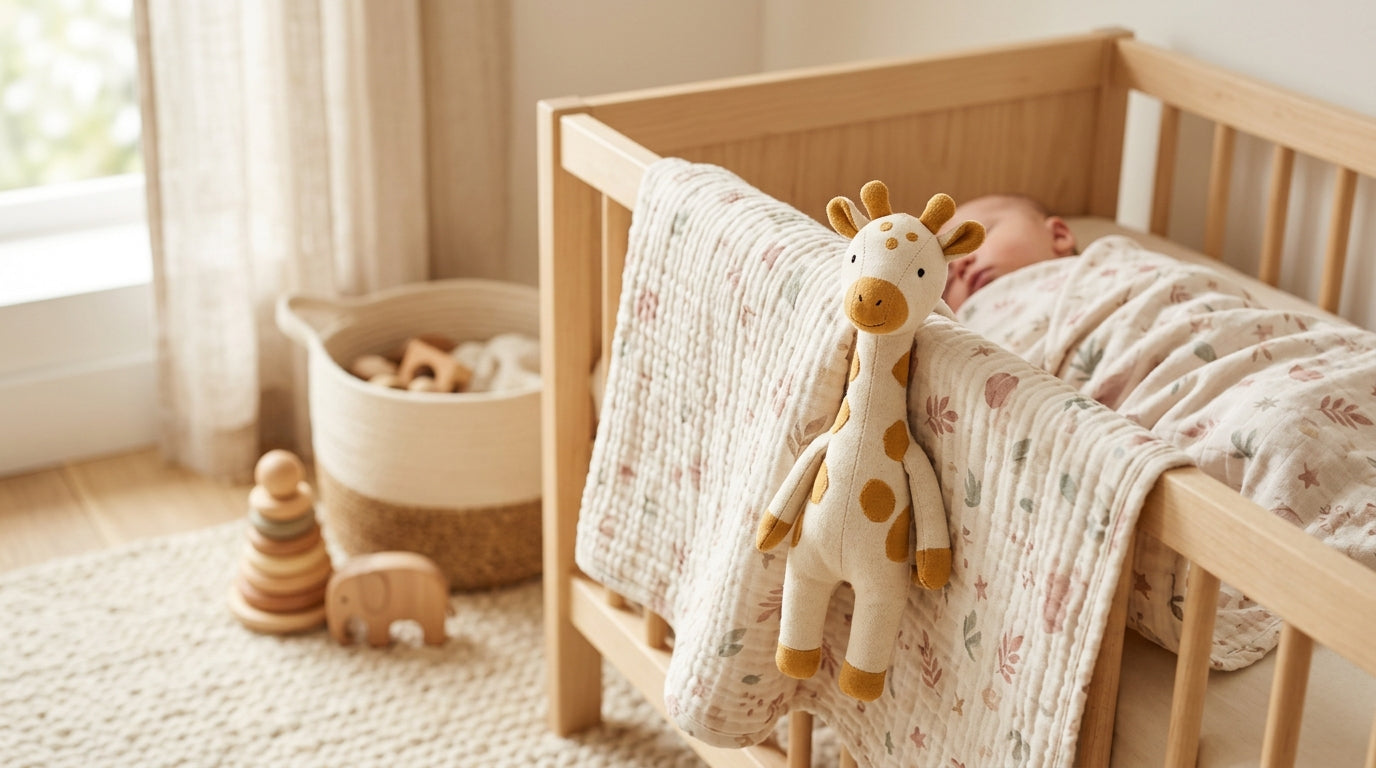 Coffee mug next to a wooden safari baby gym on a messy living room rug.