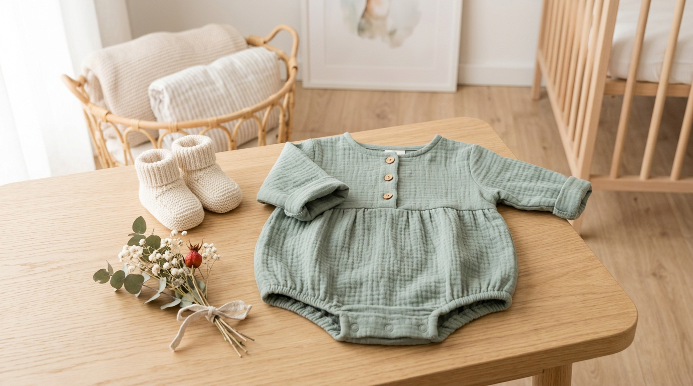 Baby girl sitting on a playmat wearing a long sleeve organic outfit