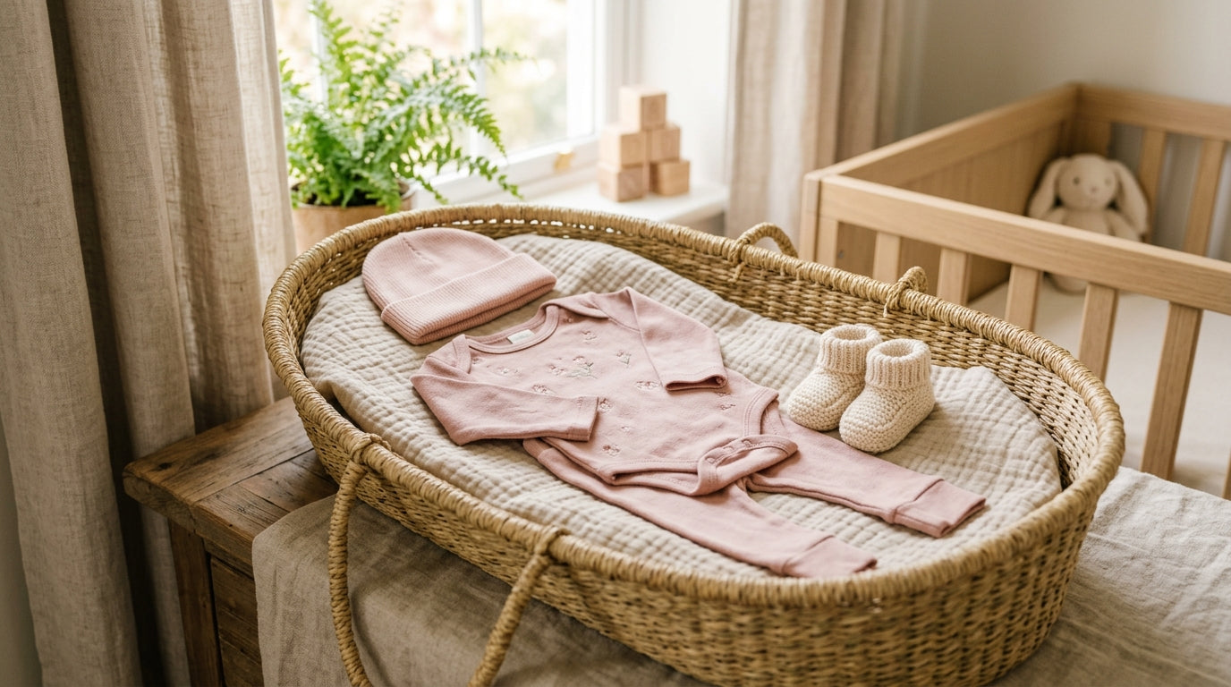 A soft organic cotton bodysuit next to a packed hospital bag