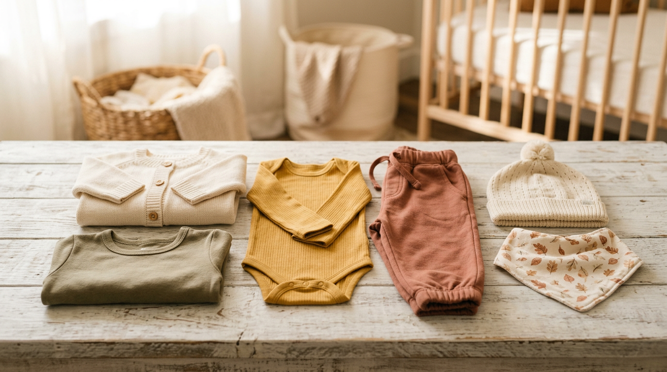 Baby girl wearing a rust colored organic cotton henley romper in the fall