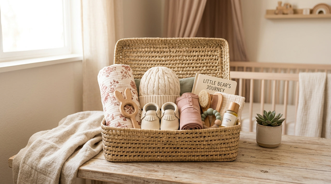 A cotton rope diaper caddy filled with organic baby clothes and coffee
