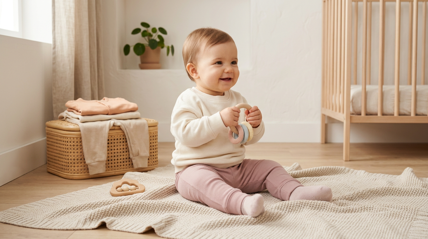Baby girl wearing ribbed organic cotton leggings crawling on a rug