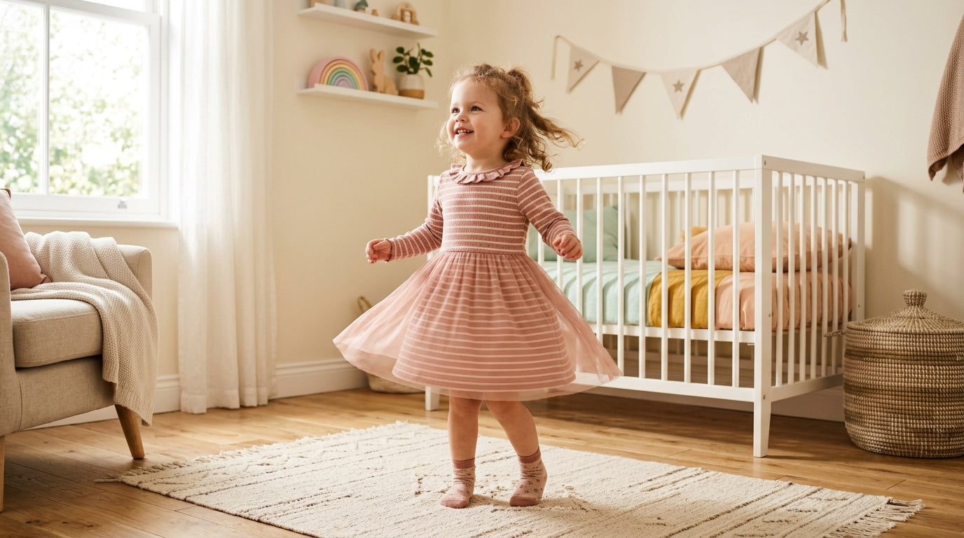 A dad looking stressed at his phone while his baby daughter spins in the living room