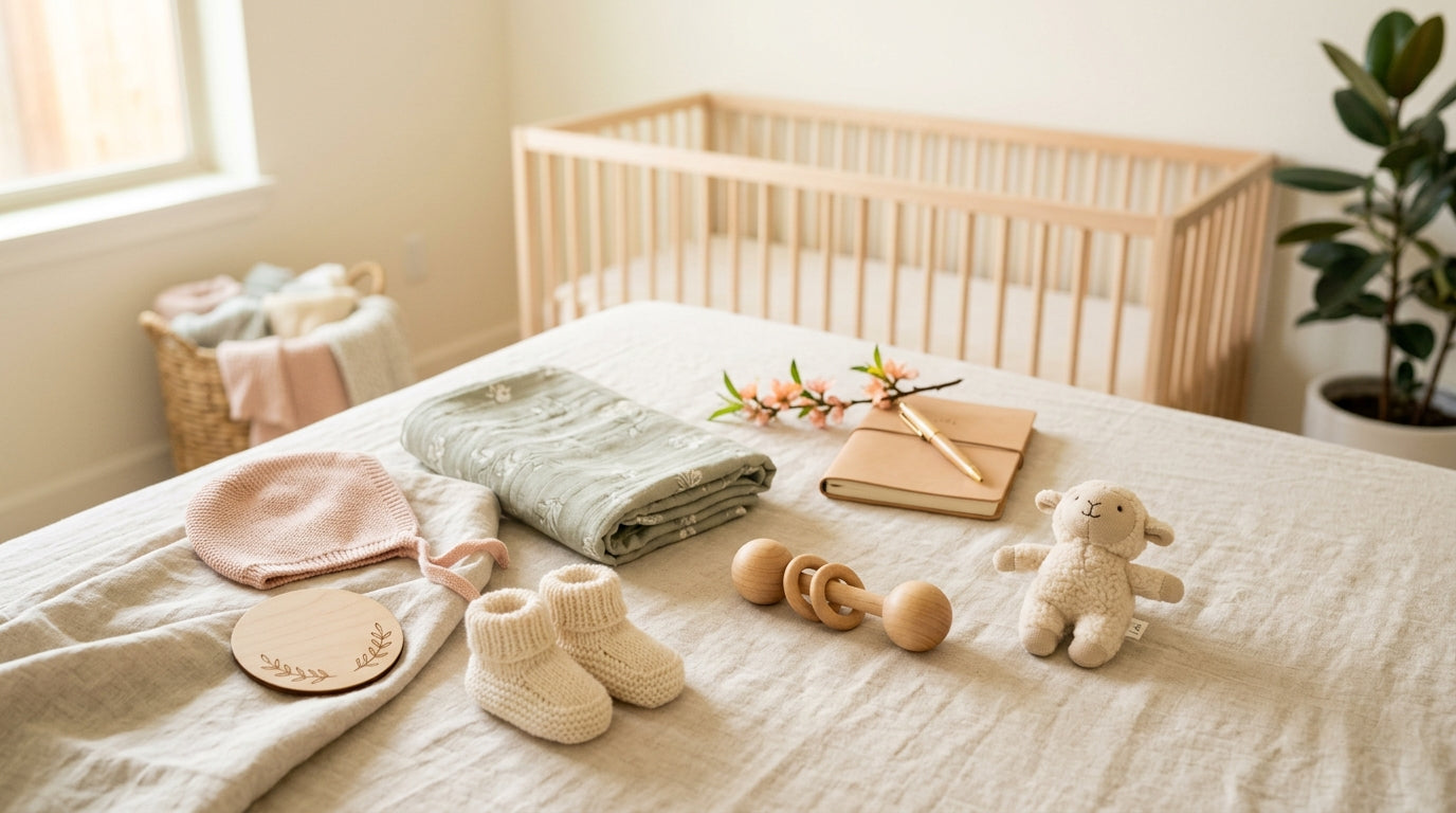 Pregnant mom sitting at a messy kitchen table looking at baby name books.