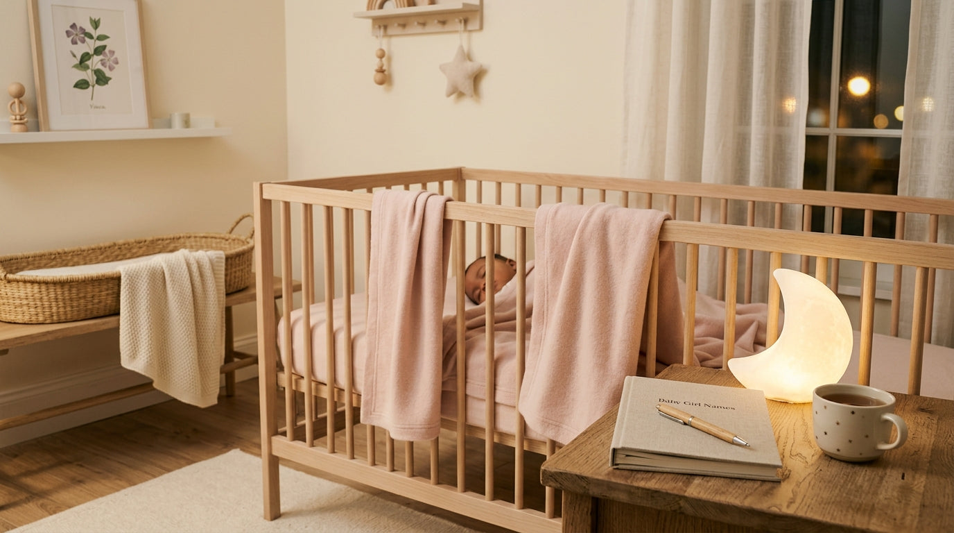 Exhausted dad holding twin baby girls while looking at a name list