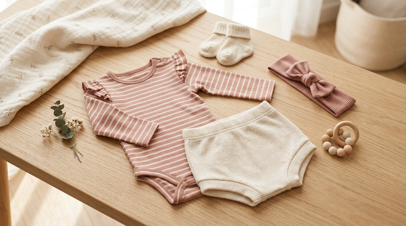 Baby girl wearing a ribbed organic cotton outfit outdoors