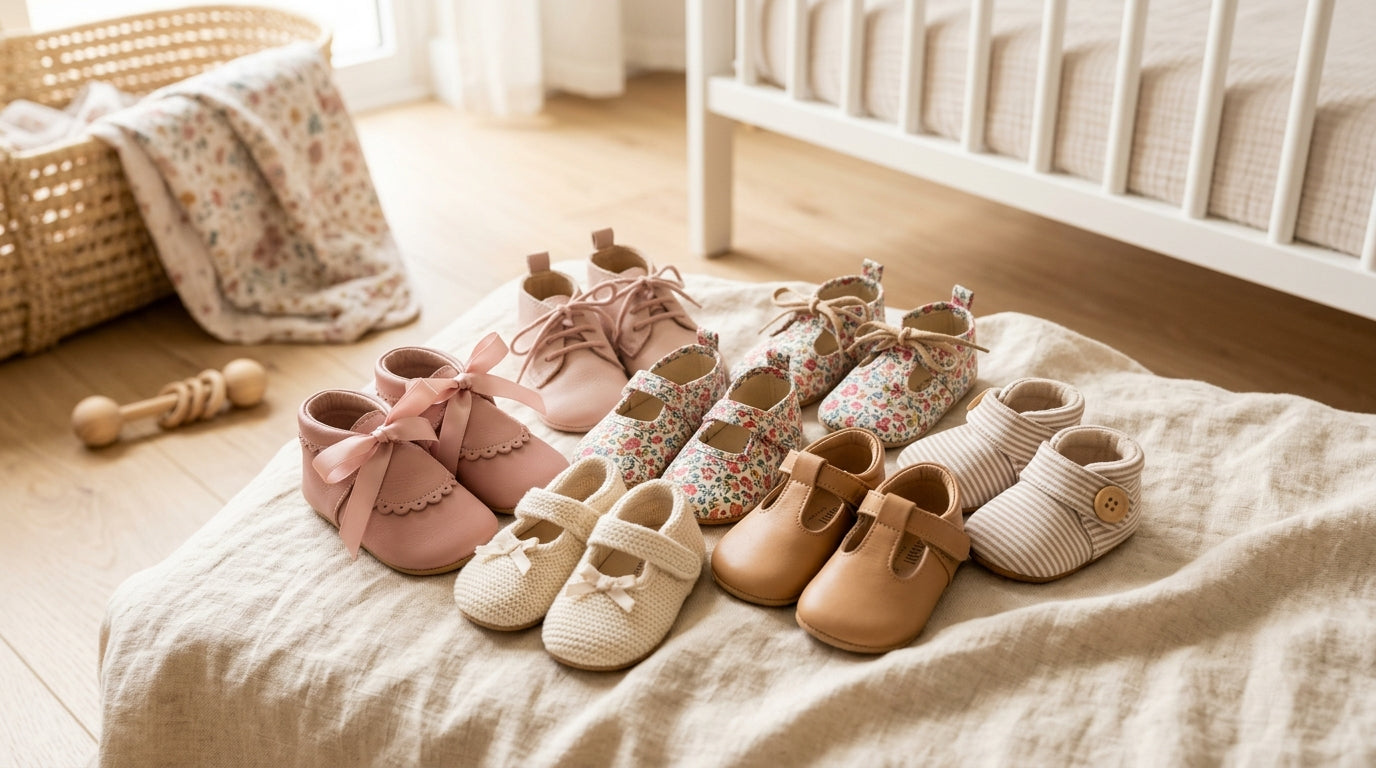 Sarah's daughter Maya wearing flexible soft sole sneakers while learning to walk.