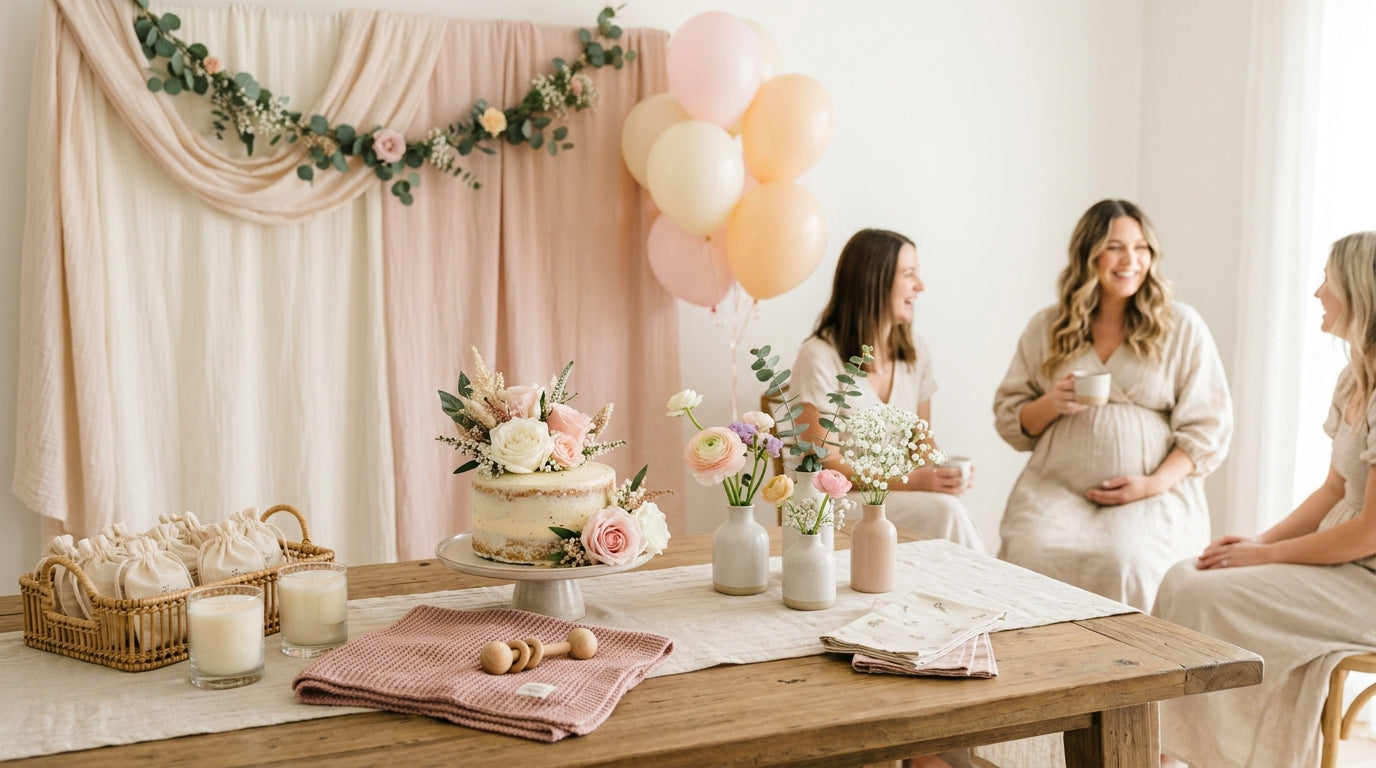 Minimalist baby girl shower decor with organic cotton gifts on a wooden table