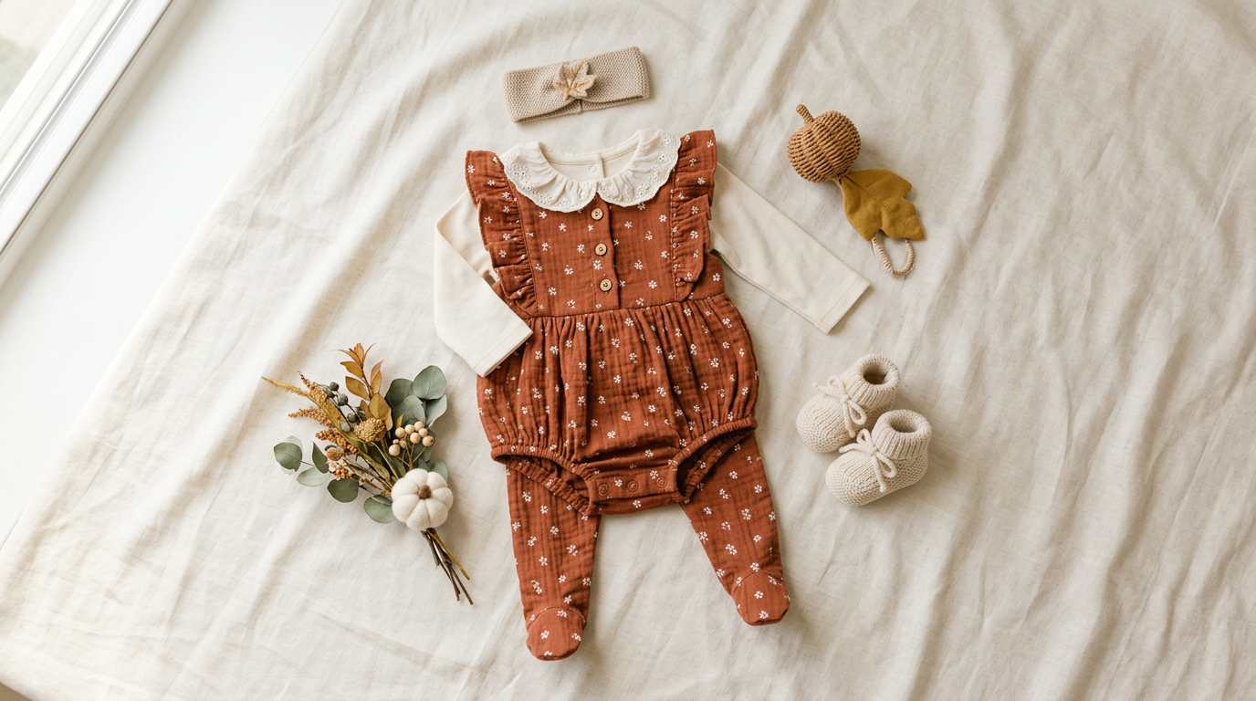 Tired mom holding a baby wearing a comfortable organic cotton Thanksgiving outfit