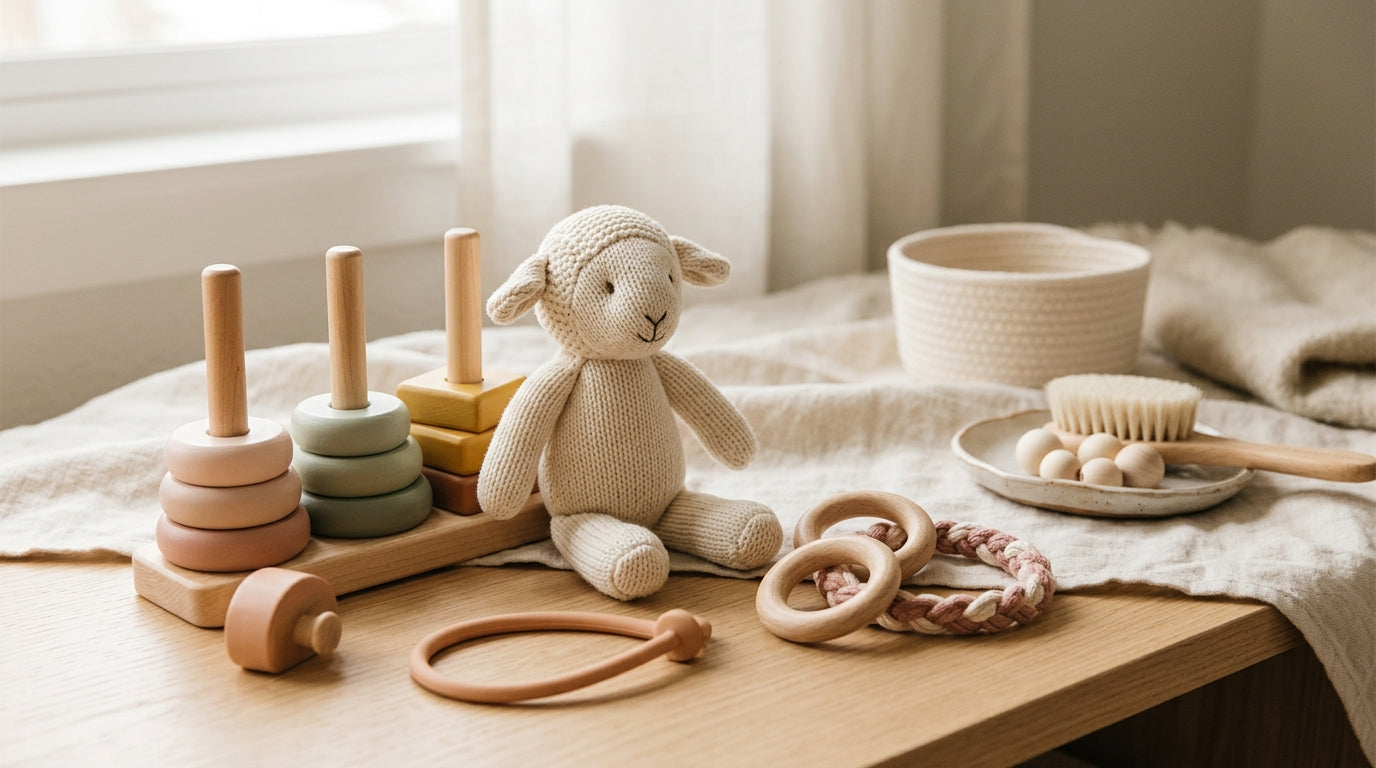 Messy living room floor with soft blocks and a wooden crochet bear toy.