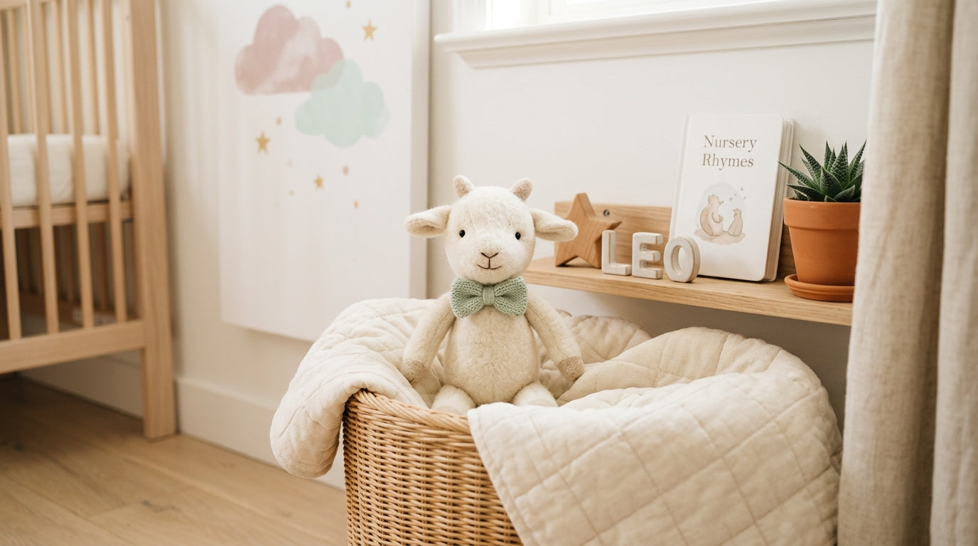 A sweet baby in an organic cotton bodysuit holding a farm animal toy in a rustic nursery
