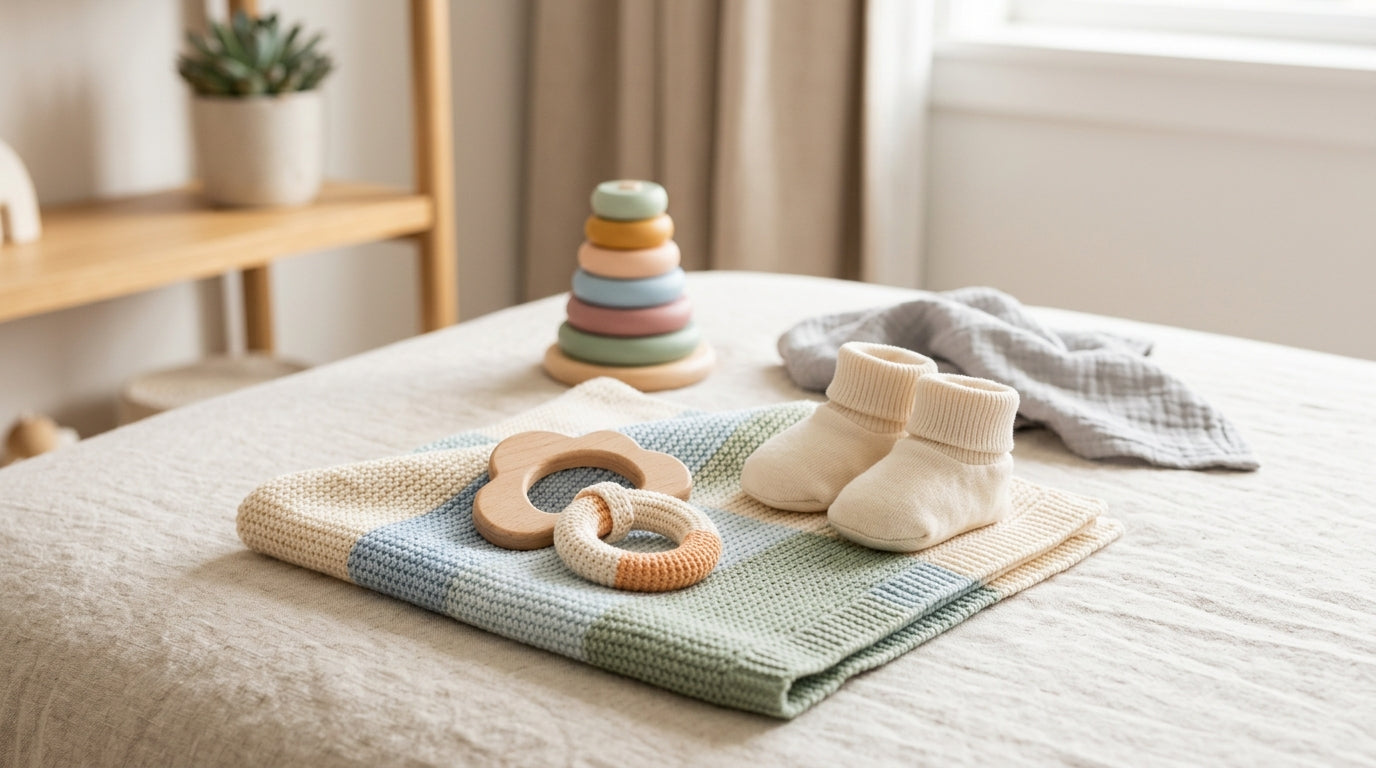 A toddler playing with wooden toys in a Chicago apartment living room.
