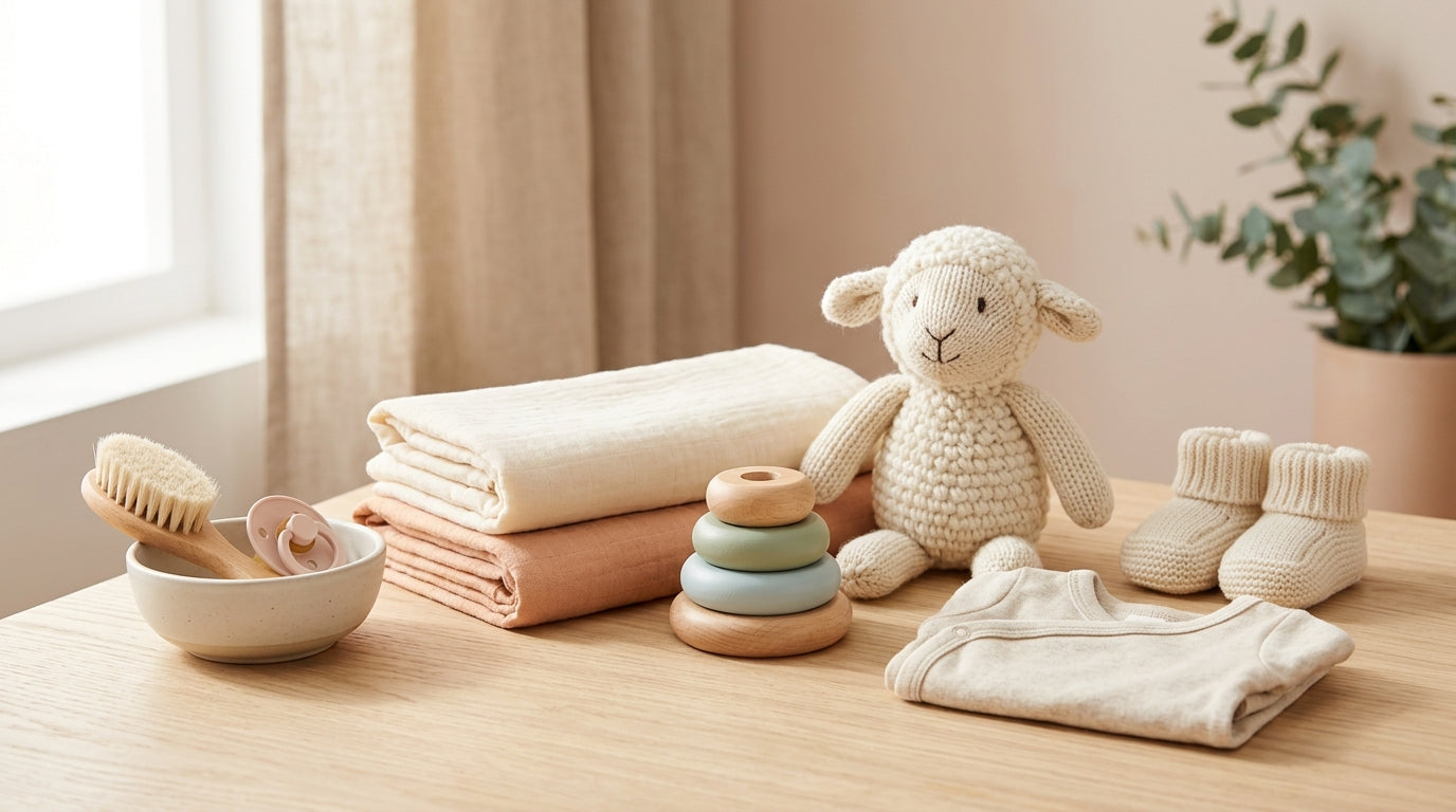 A tired mom holding coffee looking at a baby sleeping safely on their back on an organic cotton playmat.