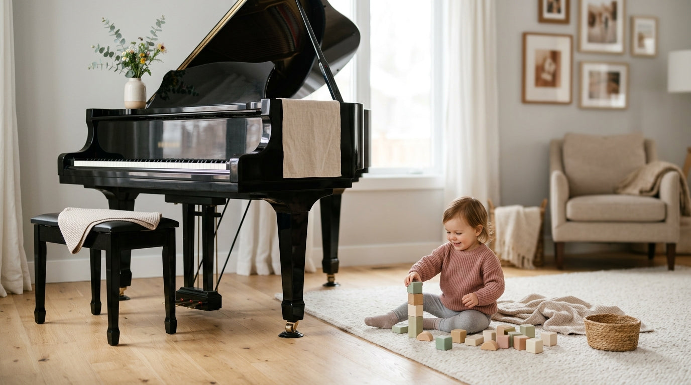 Toddler banging on the keys of a dark wood baby grand piano in a messy living room